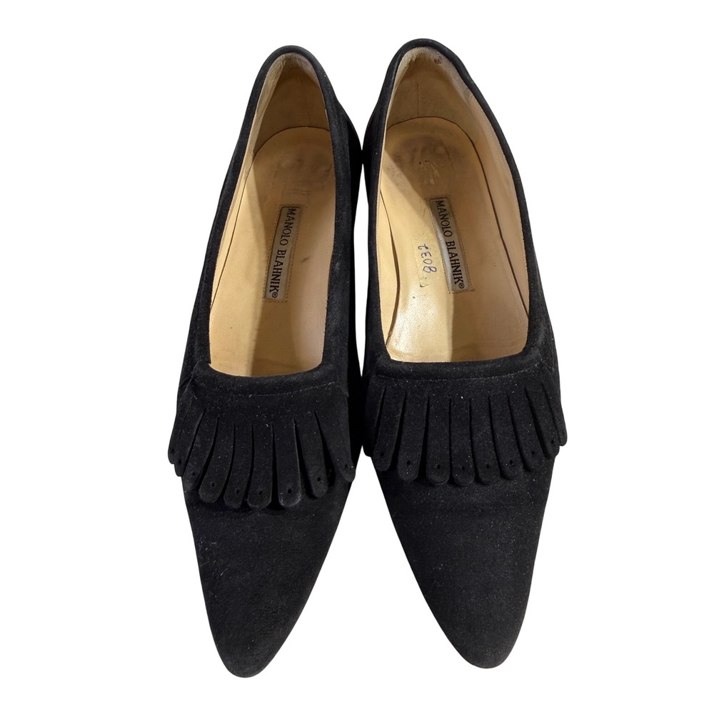 Vintage Manolo Blahnik Suede Loafers 38 Black Kiltie Fringe Pointed Toe